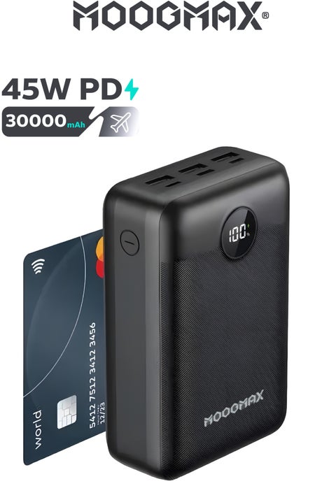 باور بانك 30000 سوبر سمول بوكت سايز صغير بحجم البطاقة. شاحن متنقل 30000 بقوة شحن 45 واط موزعه على المنافذ. باور بانك قوي بستة منافذ شحن (شاحن تايب سي& منفذ شحن لايتنينج (ايفون)& 3*شاحن يو اس بي& 1*مدخل شحن مايكرو). بطاريه متنقله يسمح بحملها في الرحلات الجوية. بطارية شحن مزود بشاشة عرض رقمية. شاحن ايفون، سامسونج، هونر، يمكنك من شحن حتى اللابتوب وغيره من الاجهزة المدعومة. باللون الأسود من موجماكس